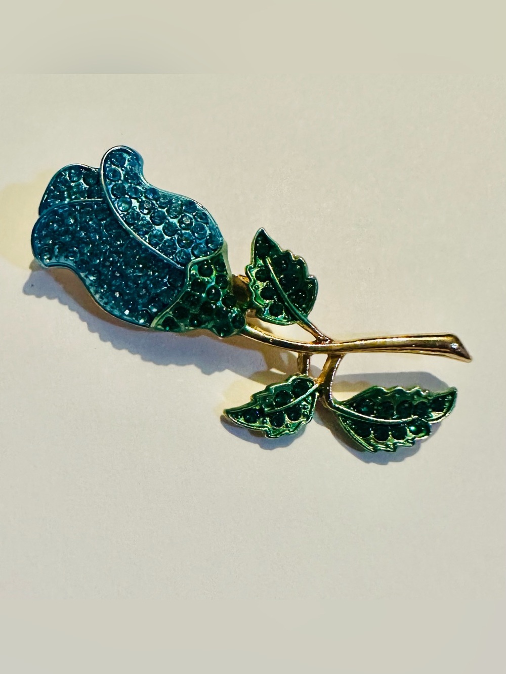 Blue Crystal Rose Brooch Pin Gold Tone